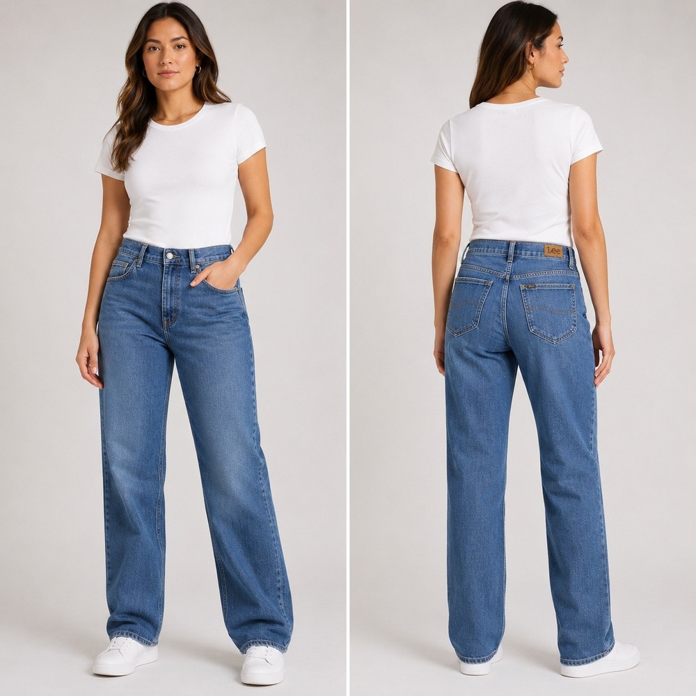 Lee Womens Relaxed Fit Straight Leg Mid Rise Blue Denim Jeans Medium‎ Wash